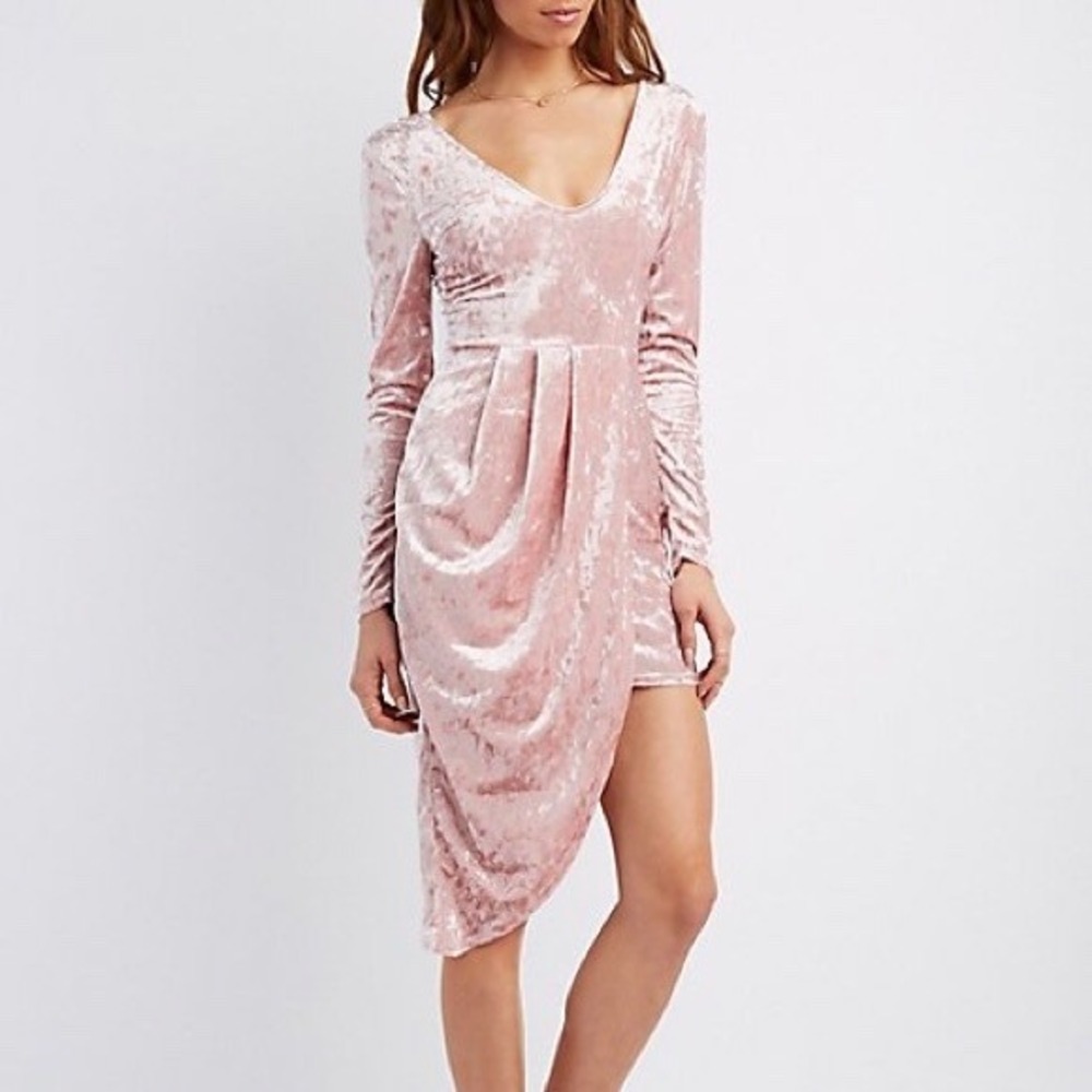 Charlotte Russe Pink Crushed Velvet Asymmetrical Tulip Hem Dress Large